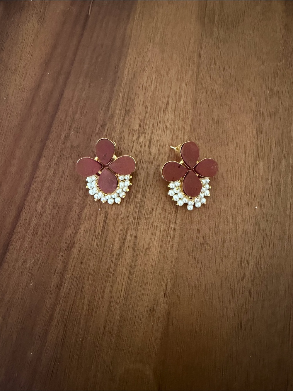 Gold-Tone Maroon Floral Pearl Cluster Stud Earrings